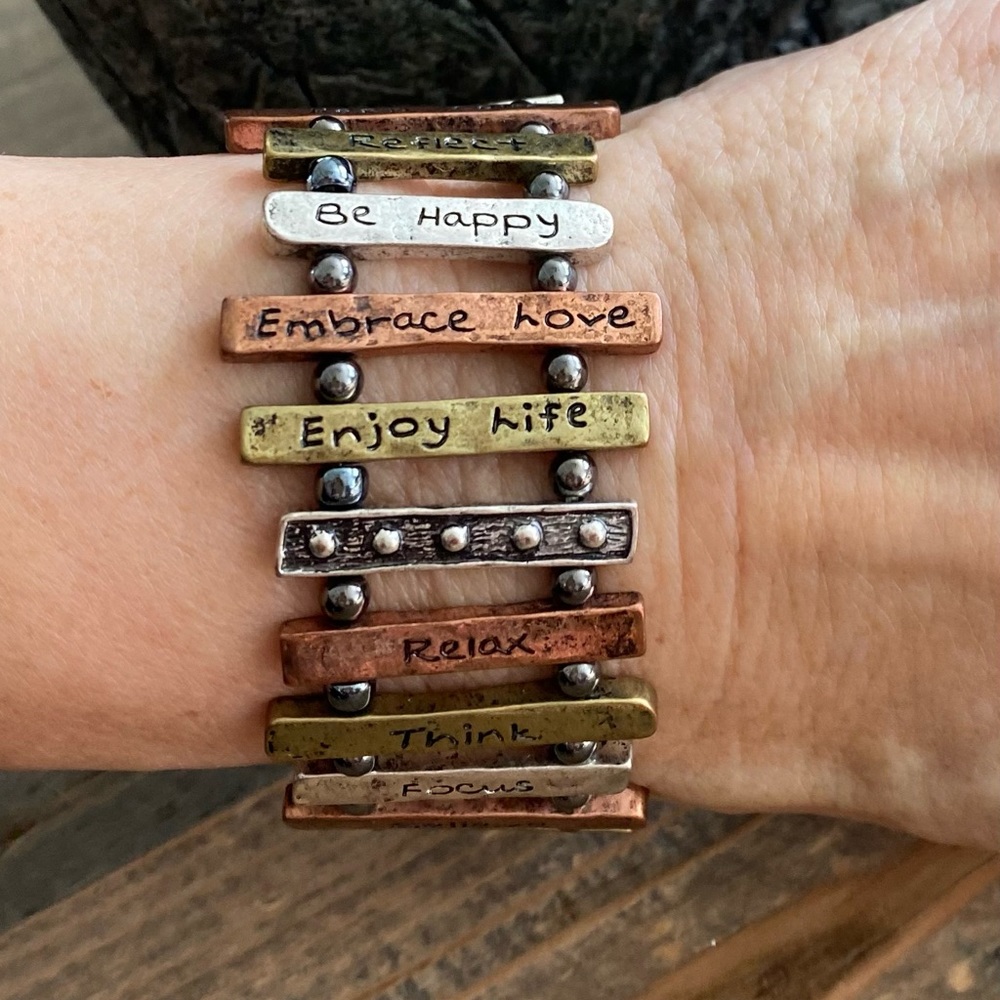 New Positive Affirmations Bracelet Stretches Copper Silver and Bronze Tones